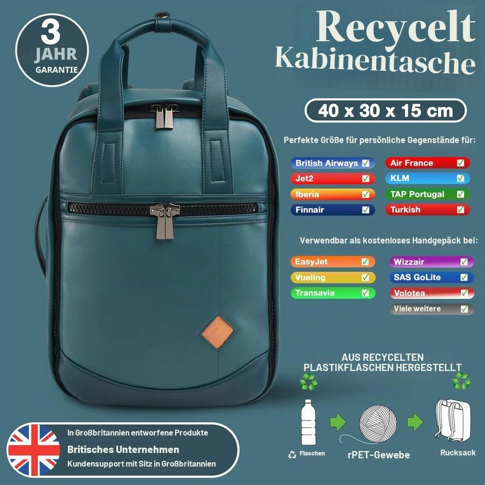 Cabin Max 40x30x15 Handgepäck, Handgepäck, recyceltes Polyester, Poros Teal, blaugrün, S, Kabinentasche unter dem Sitz British Airways 40 x 30 x 15 cm, KLM, SAS, Iberia
