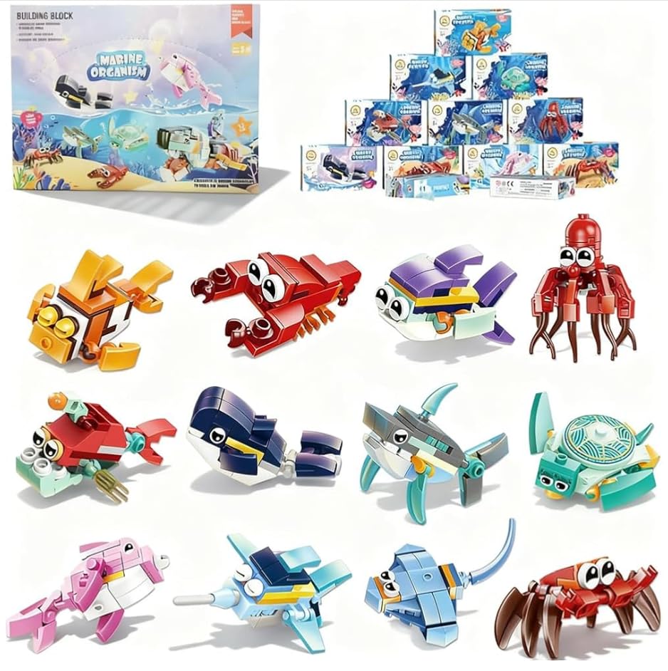 KMFASVX 12 in 1 Marine Organism Building Blocks Toy, Party Bag Fillers for Kids, Animal Building Models for Girls & Boys 6+, 12 PCS, Birthday, Easter, Party Favors Return Gift, Classroom Prize Favors