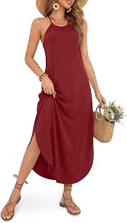 For G and PL Women's Summer Casual Halter Side Slit Long Maxi Beach Dress Vacation Resort Sundress, Maroon, Medium Price In India