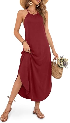 For G and PL Women's Summer Casual Halter Side Slit Long Maxi Beach Dress Vacation Resort Sundress, Maroon, Medium