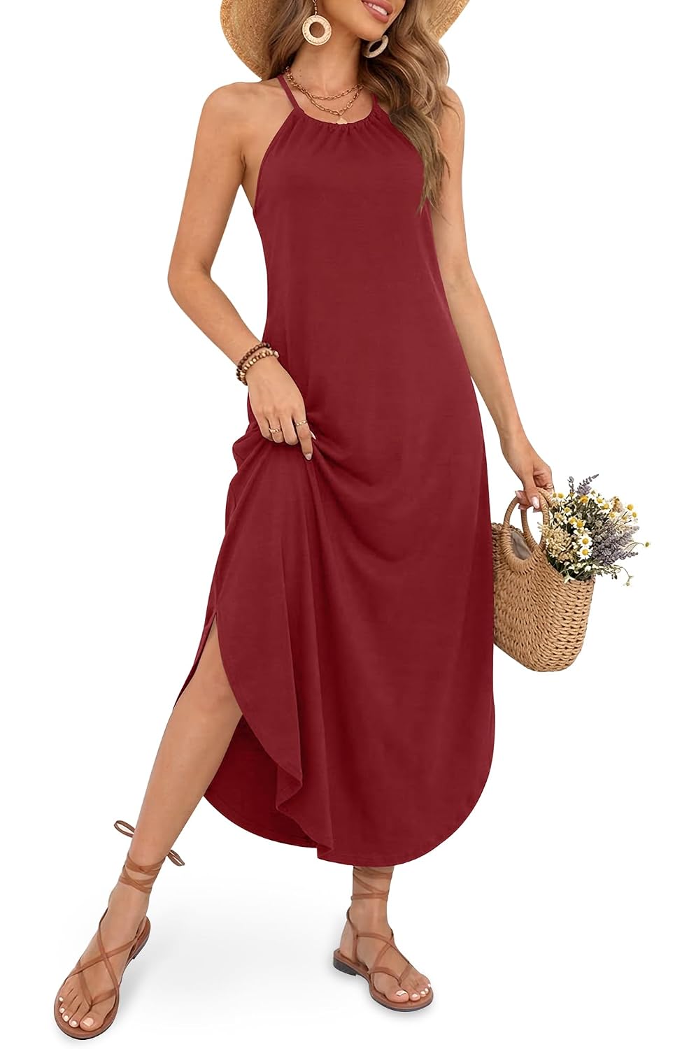 For G and PL Women's Summer Casual Halter Side Slit Long Maxi Beach Dress Vacation Resort Sundress, Maroon, Medium - Review, Price and Buying Guide