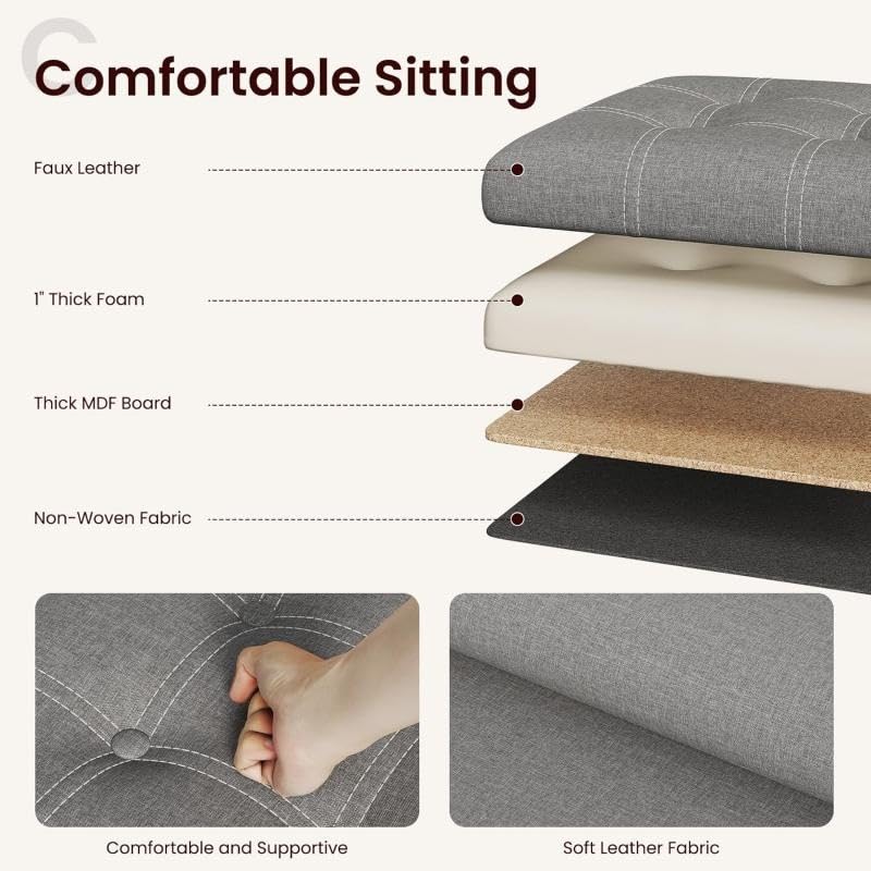 Image of 15 Inches Ottoman Storage Bench. Folding Chest with Breathable Linen-Look Fabric, Load up to 330 lb, for Entryway, Living Room, Bedroom, Dark Gray