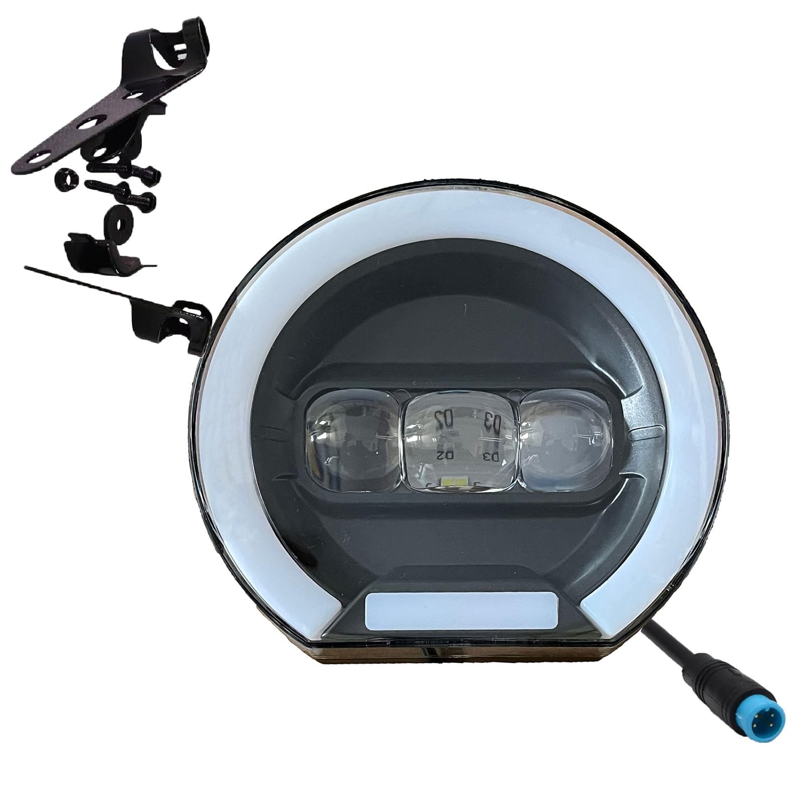 Faro a LED per e-Bike con connettore a 4 Pin, Luce Diurna Rotonda Angel Eye per Bici elettriche con Pneumatici Larghi, Luce Anteriore abbagliante Impermeabile 36V/48V
