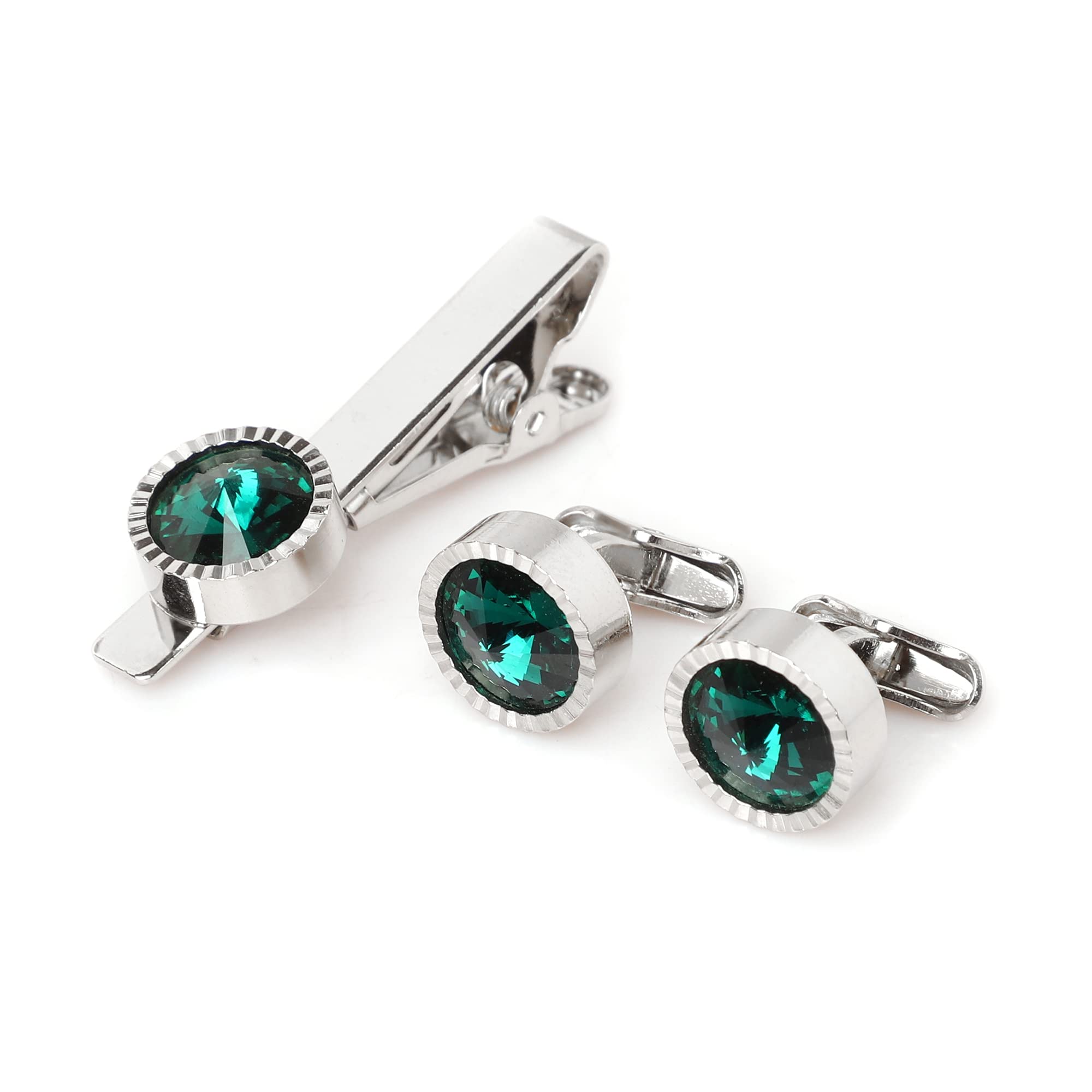 OlleraBrass Premium Color Stone Cufflinks Studs And Tie Pin Set In Wooden Gift Box