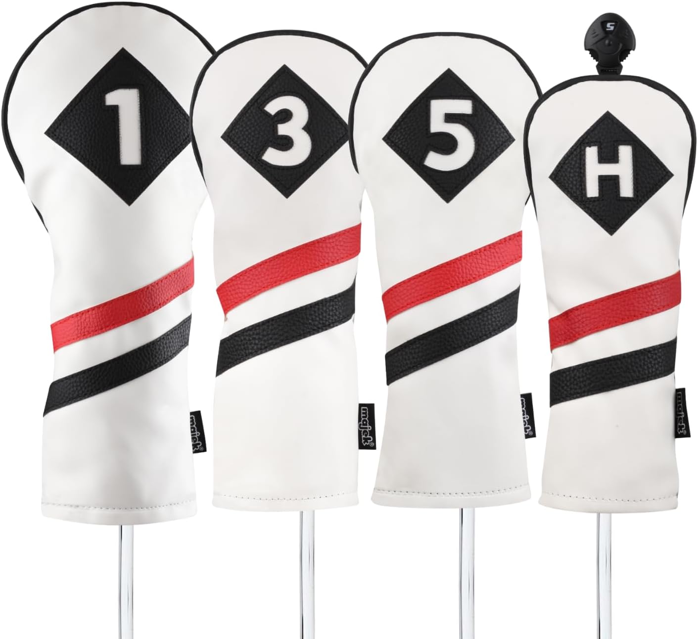 Majek Retro Golf Headcovers White Red and Black Vintage Leather Style 1 3 5 H Driver Fairway Woods and Hybrid Head Cover Classic Look