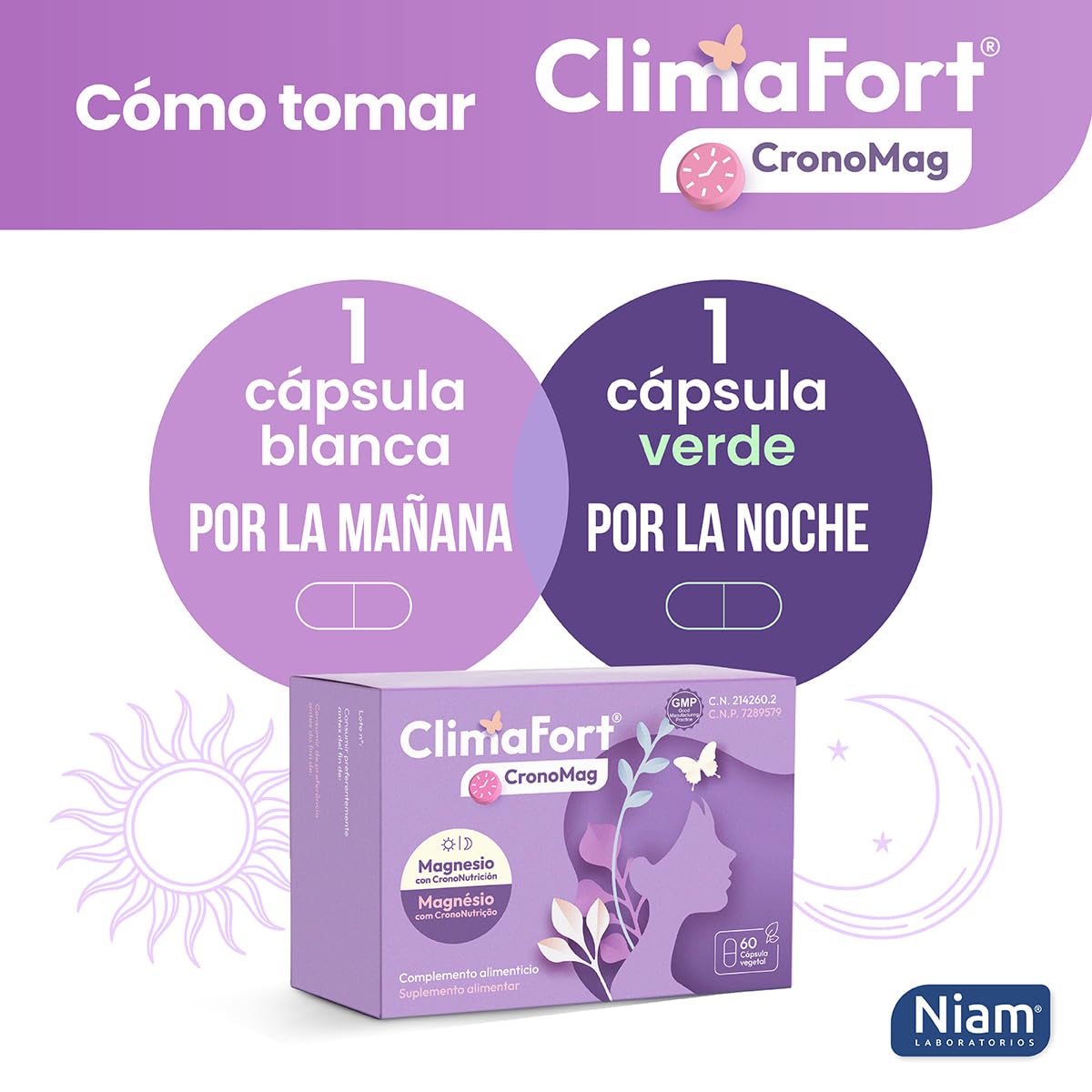 [Pack de 2] ClimaFort CronoMag | Magnesio para la Mujer | 5 Sales Glicinato, Glicerofosfato | Vitamina B12 | Energía, Relajación | Crononutrición | 120 Cápsulas