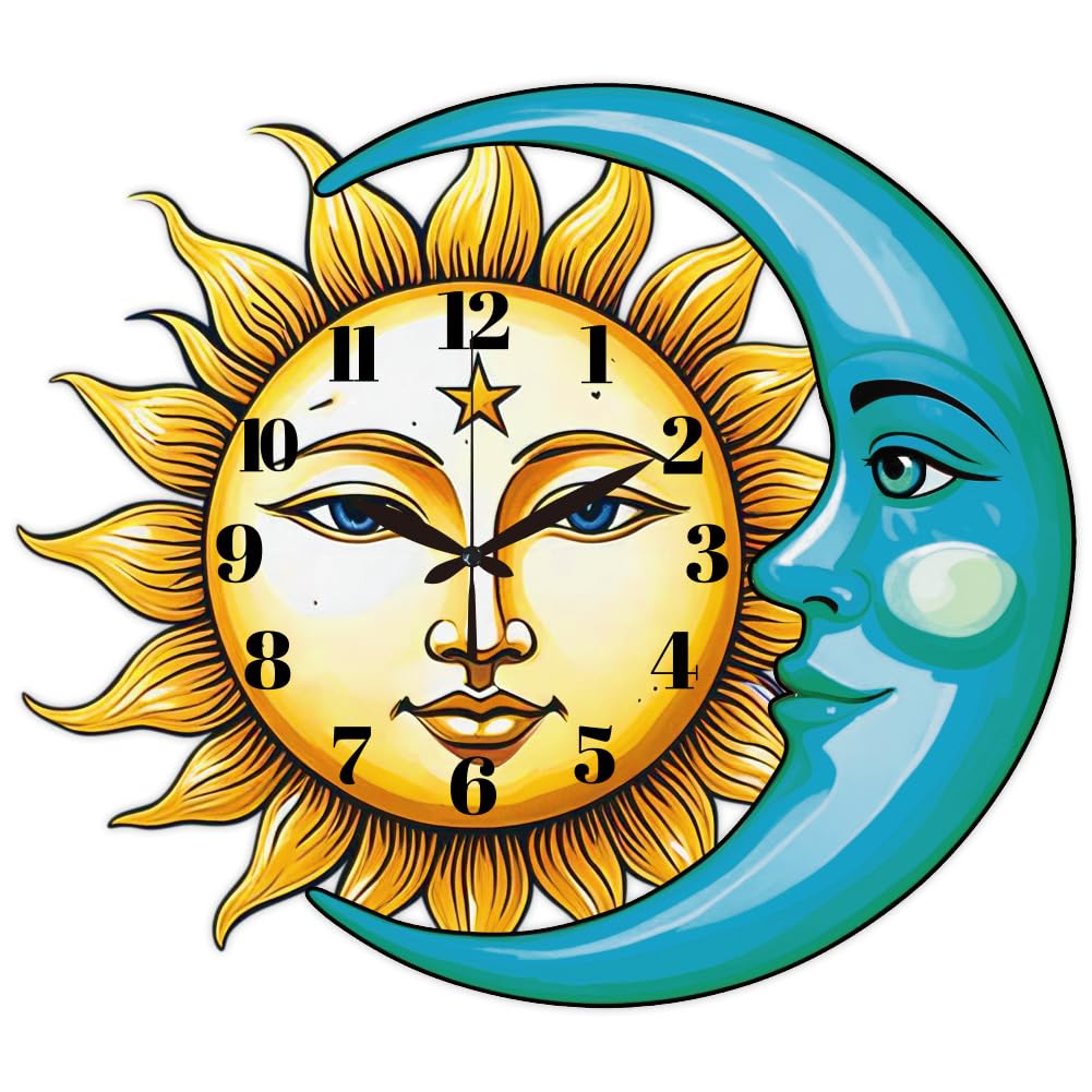 Photo 1 of CHGCRAFT Sun and Moon Pattern Wall Clock 14.9 Inch Star Wood Grain Non-Ticking Irregular Shape Clocks Wall Hanging Clock Battery Operated for Bedroom Living Room Kitchen Office