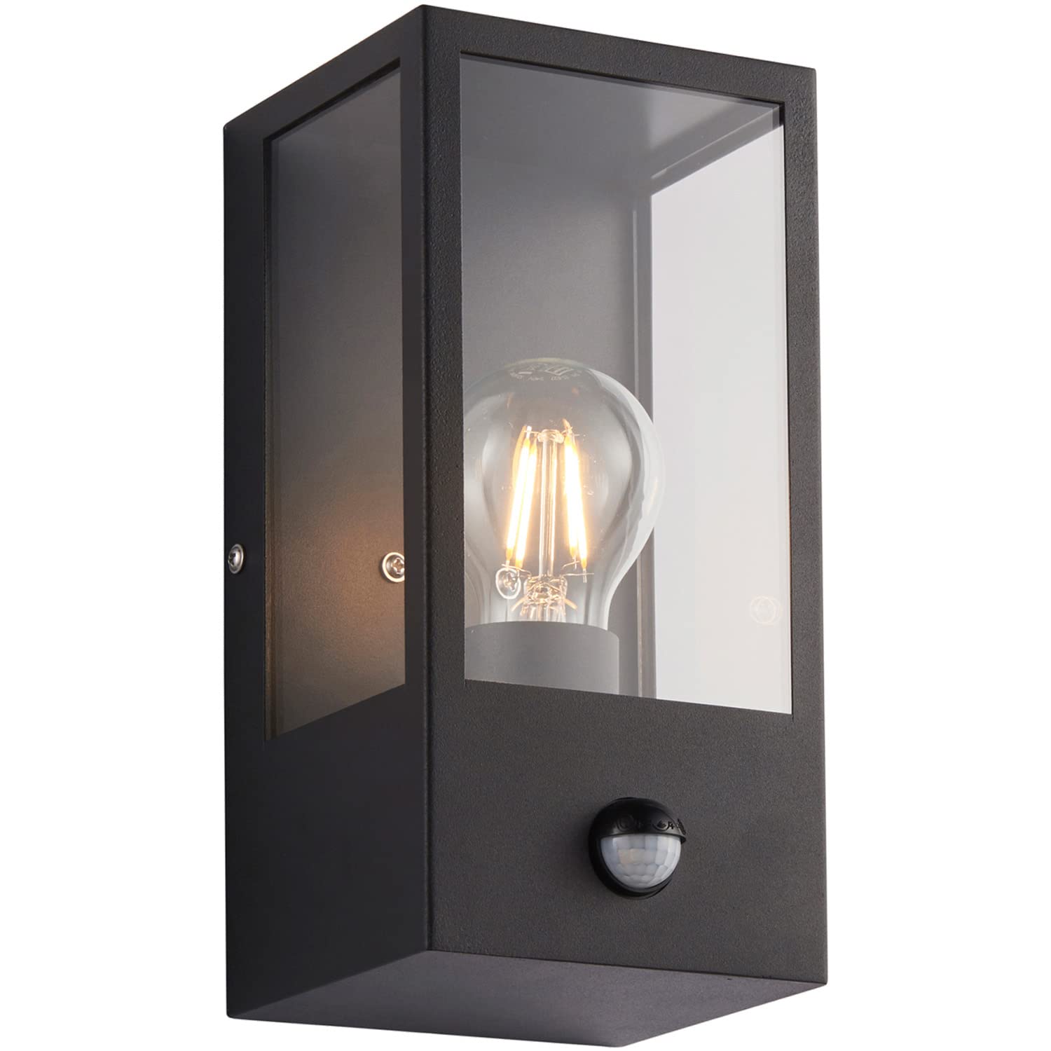 Outdoor Glass Box Style Wall Light with Built in PIR Sensor - 28W Eco GLS LED Bulb - Matt Black Stainless Steel & Clear Glass - IP44 Rated - Manual Override - LED Wall Lamp