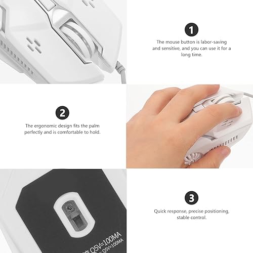Miniatura 8 de USB Wired Gaming Mouse for Laptop and Pc, Silent 6-Button Mechanical Mouse with RGB Lighting, White Color, USB Gaming Peripheral for Computer