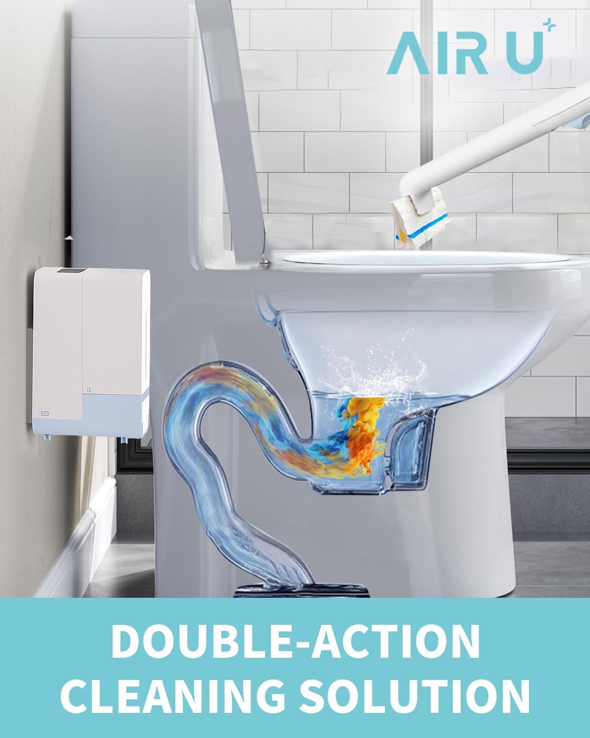 AIR U+ Disposable Toilet Brush Wand Starter Kit for Scrubbing Bubbles Flushable Refills, Wall Mount Toilet Cleaning System, 1 Toilet Wand + 72 Flushable Refills + 1 Automatic Visual Caddy