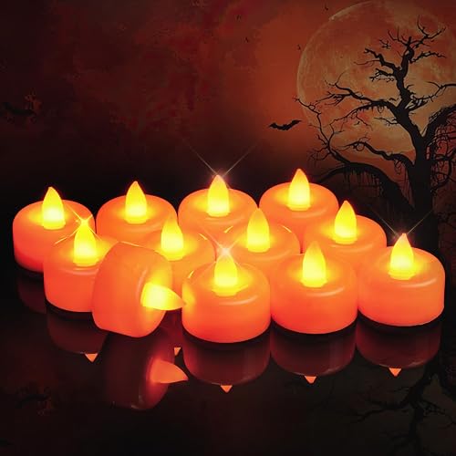 Raycare Halloween Orange Battery Operated Tea Lights, 24 Pack Long Lasting Fake Candles, Flameless LED Tea Light, Colored Tea Candles for Votive, Table Centerpiece, Party, Holiday Decor, Christmas