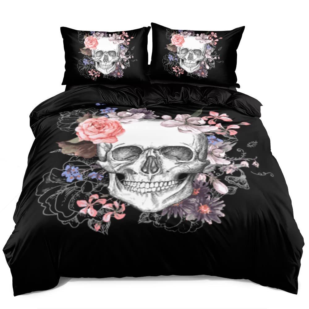 Holiyjog Classic Skull and Roses Duvet Cover Set King Size Gothic Skull Bedding Set Skeleton Bones Comforter Cover for Kids Adults Women Room Decor