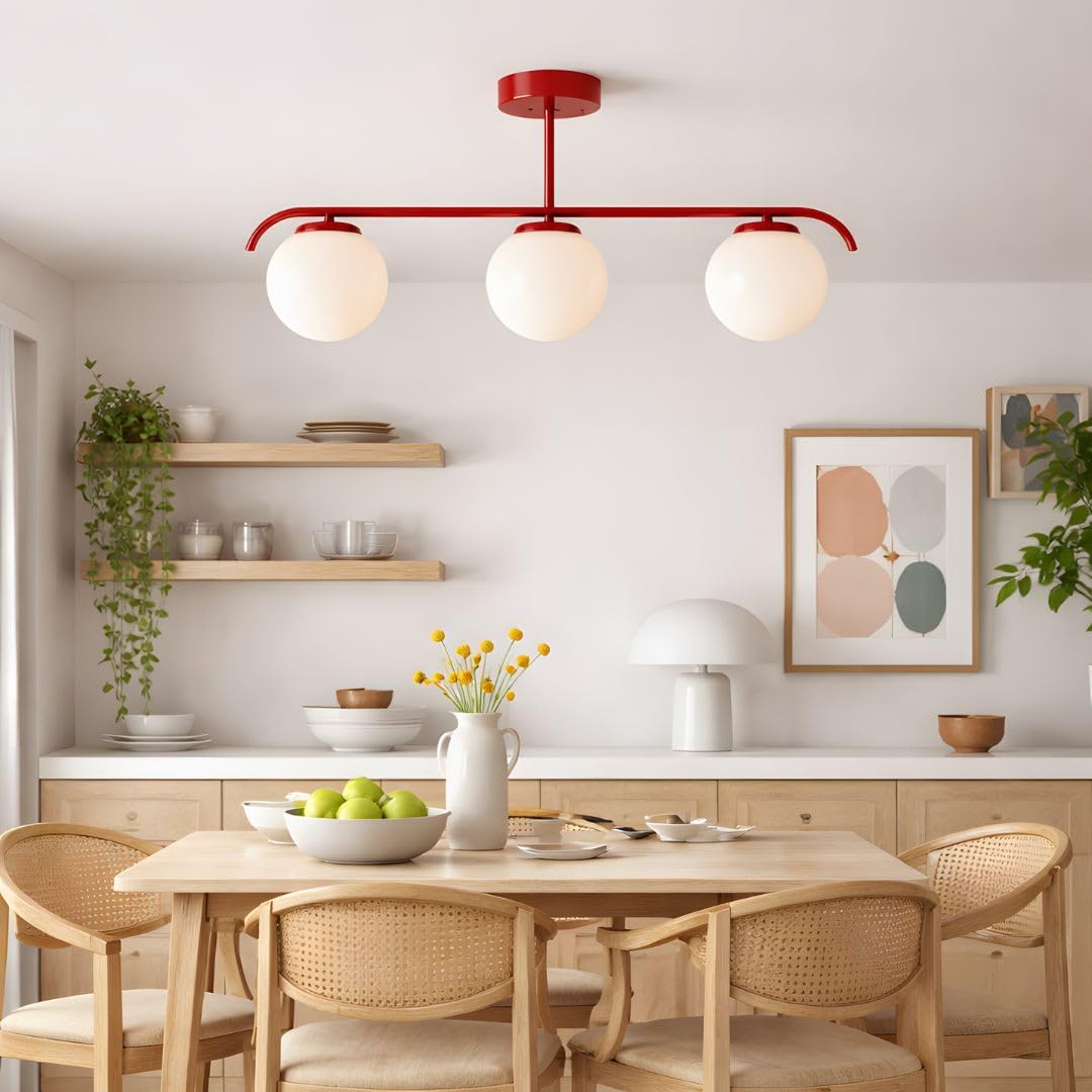 B·LED BARCELONA LED Potrójna lampa sufitowa, Talí” 3 opalowymi kulami szklanymi, 3xE27, minimalistyczny, nowoczesny styl, rozproszone oświetlenie do salonu, jadalni lub sypialni, metal czerwony