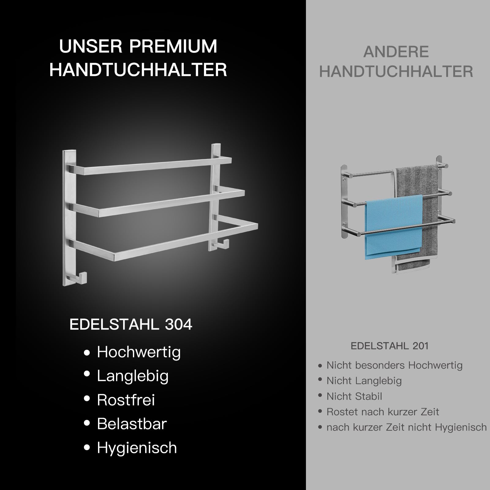 Premium Handtuchhalter Wand aus Edelstahl 304, Badetuchhalter mit viel Platz für schnelles Trocknen, 3-stufige Handtuchstange 60 cm