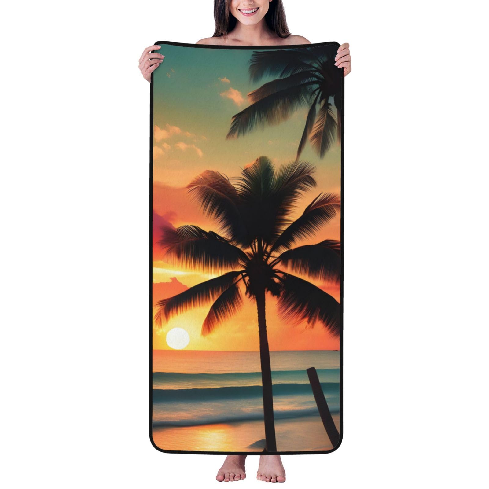 Nimongt Unisex Black Tropical Beach Palm Tree Print Lightweight Comfort Coral Velvet Bath Towel Home Bathroom Hotel Spa Beach Travel