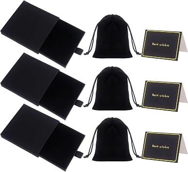 Nideen 3Pcs Jewellery Gift Box Set with 3Pcs Velvet Pouches & Cards 9  9  1.7 cm Small Gift Boxes for Bracelets, Earrings & NecklacesBlack