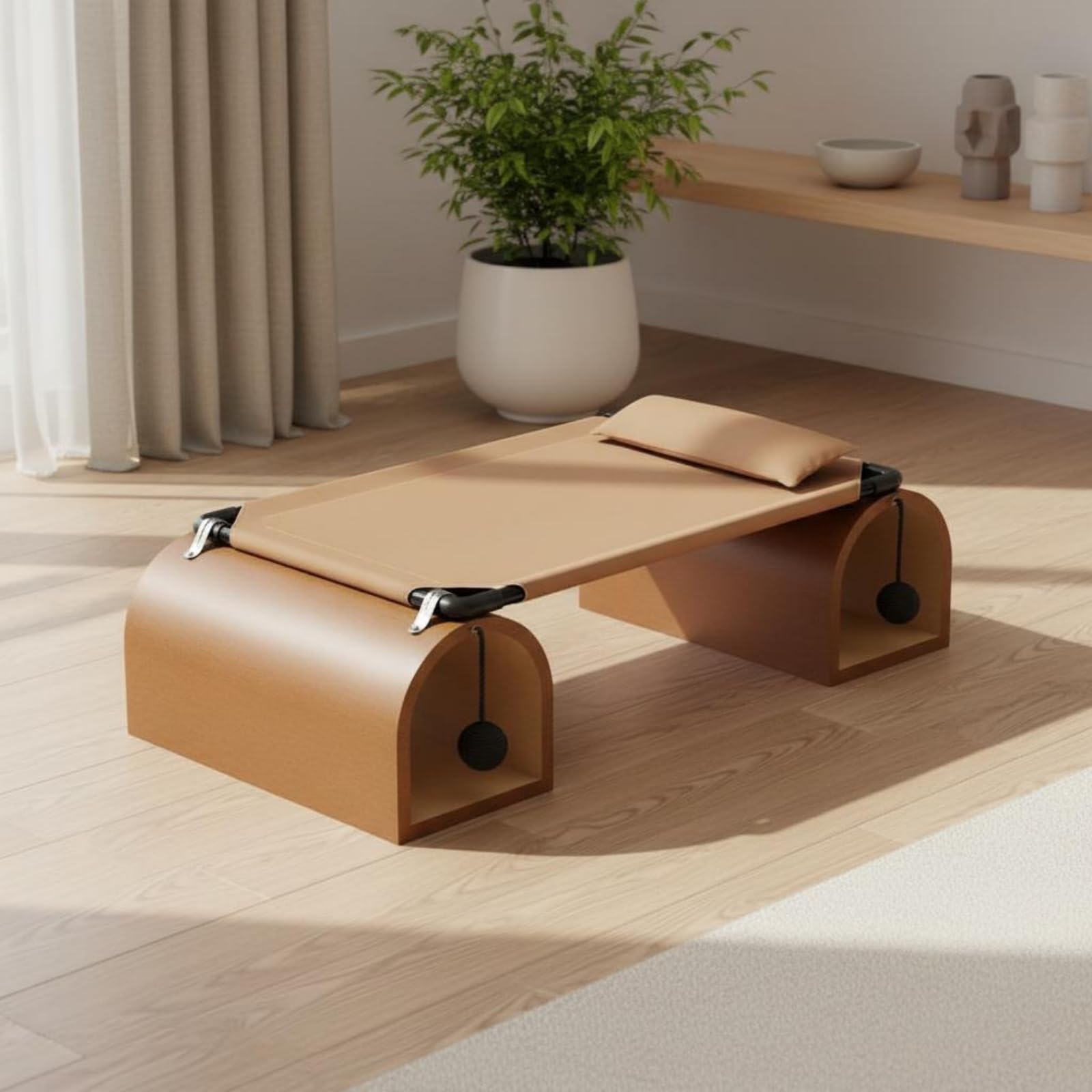 kowaku Tunnel Riposo Letto Gatto Amaca Rifugio Cunicolo con Tessuto Tecnico AntiGraffio Struttura in Legno Ferro Superficie, Marrone, Letto A Tunnel per Gatti