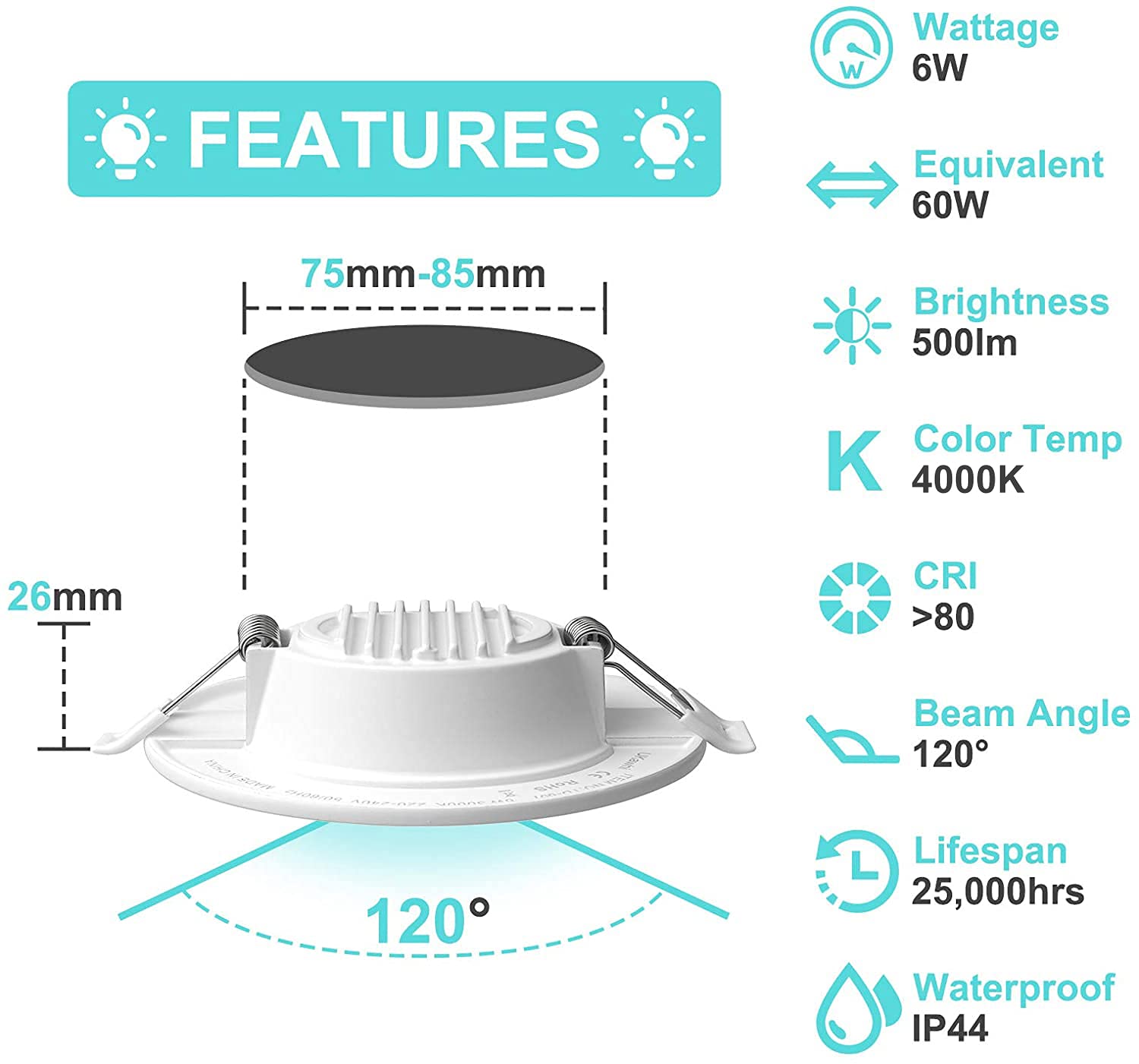 Faretto Da Incasso LED Ultra Piatto 6W 230V – Set 6 Pezzi, Dimmerabile 3 Livelli, IP44, Bianco Neutro 4000K, Profondità 26mm - 3