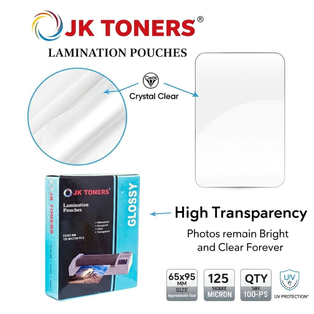 JK Toners 65mm x 95mm 125micron Laminating Pouches, Clear Glossy Finish, Waterproof | Perfect for Document & Certificate Protection (65mm x 95mm) (Pack of 2) 1