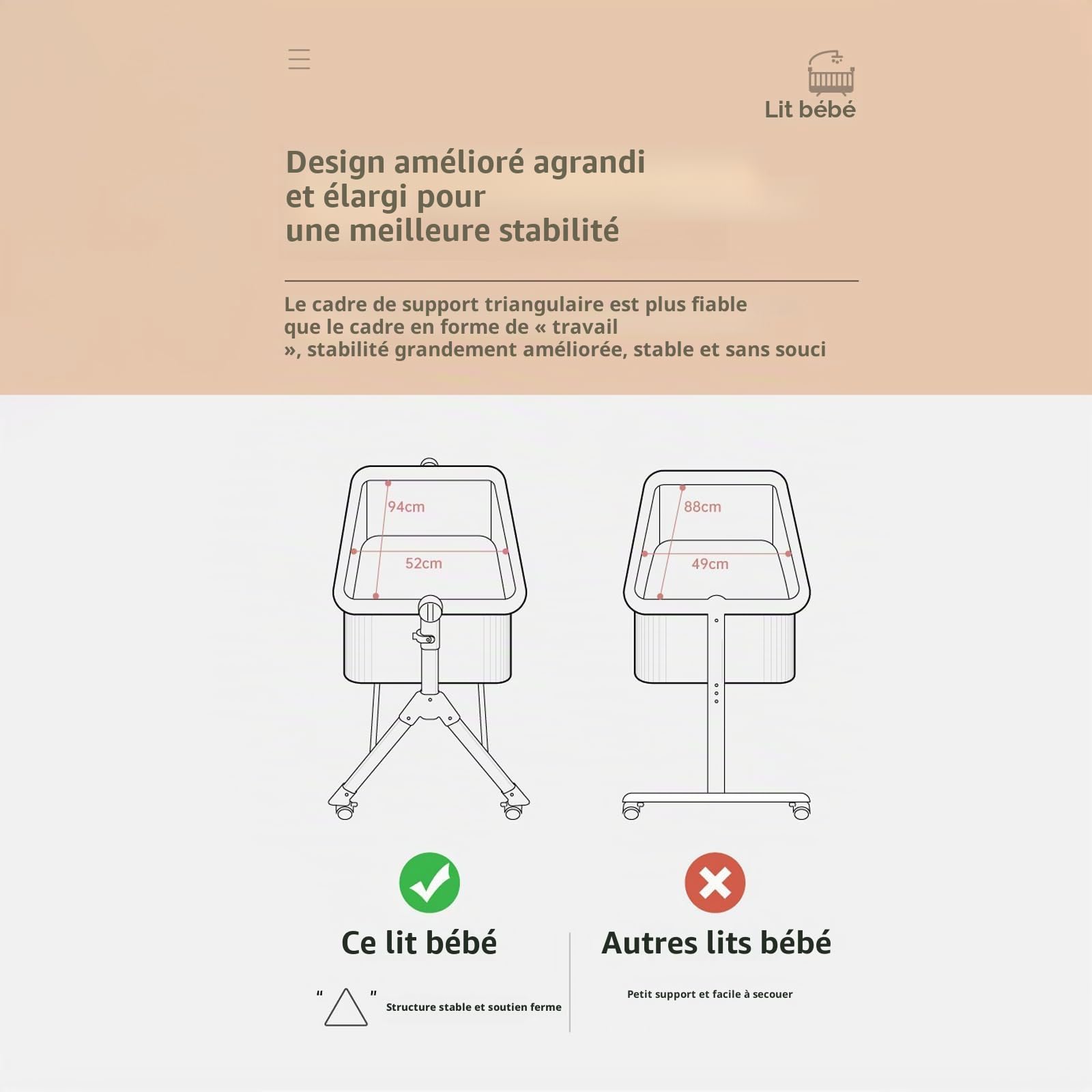 Lit Cododo Bebe avec Musique, Berceau bébé Pliable et Convertible, Lit Nouveau-Né Réglable avec Matelas et roulettes (Gris)