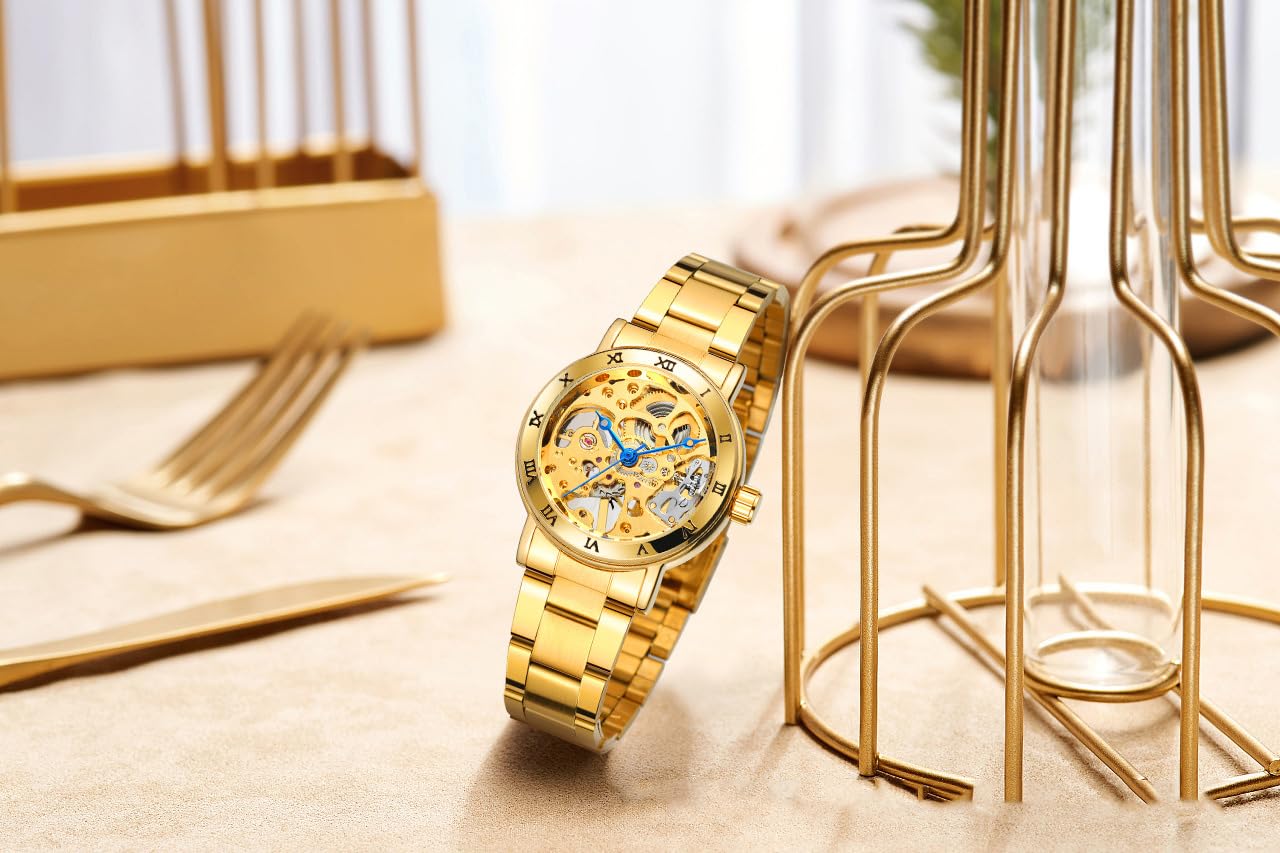 MASTOP Orologio da polso meccanico automatico da donna, in acciaio inox, con scheletro, orologio da polso a carica automatica, impermeabile, quadrante da donna