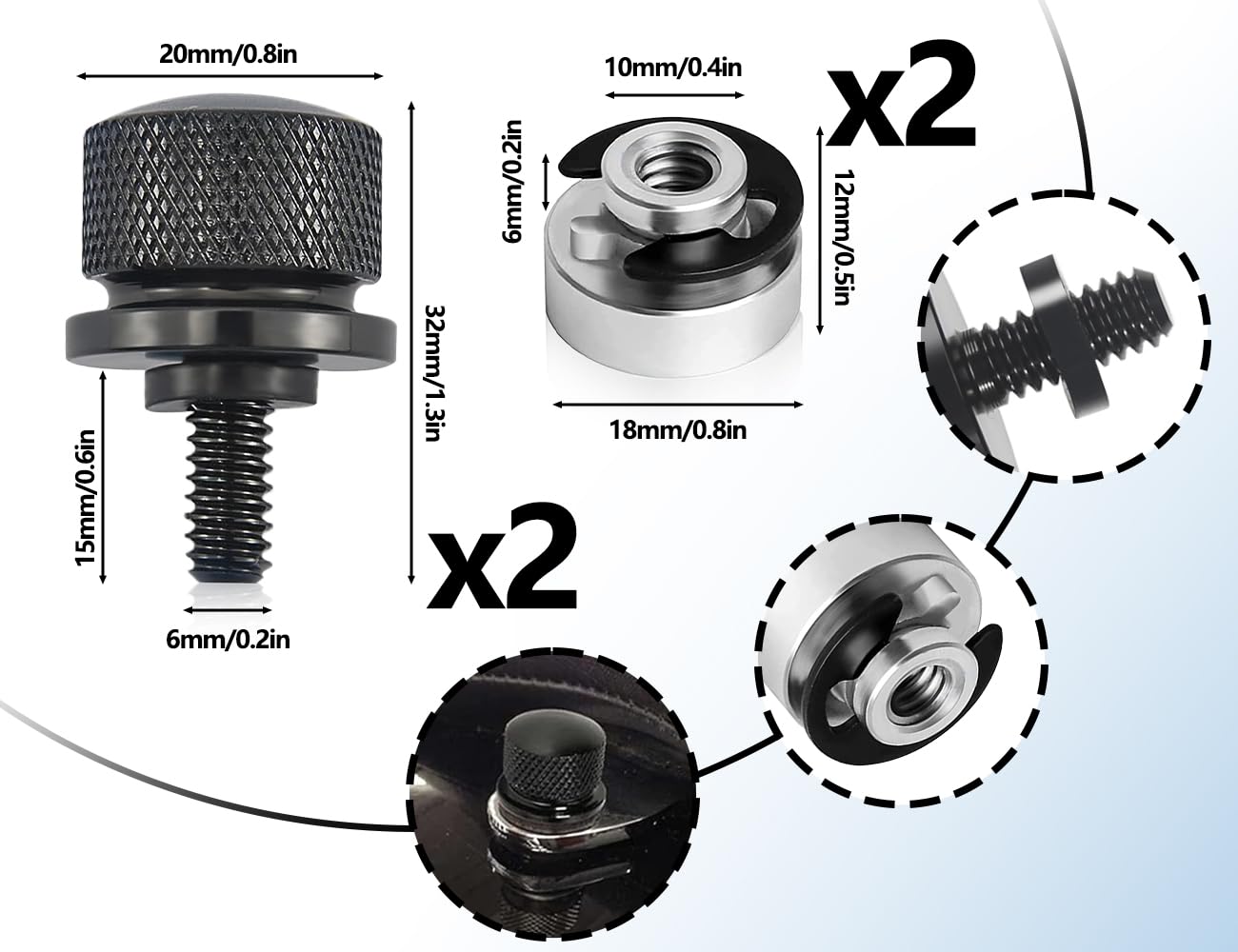 KAPSING Confezione da 2 viti per sella moto, dadi di fissaggio sella, ricambio, vite zigrinata con clip a C, bulloni di montaggio, rondella, compatibile con Harley, per vite sella (nera)