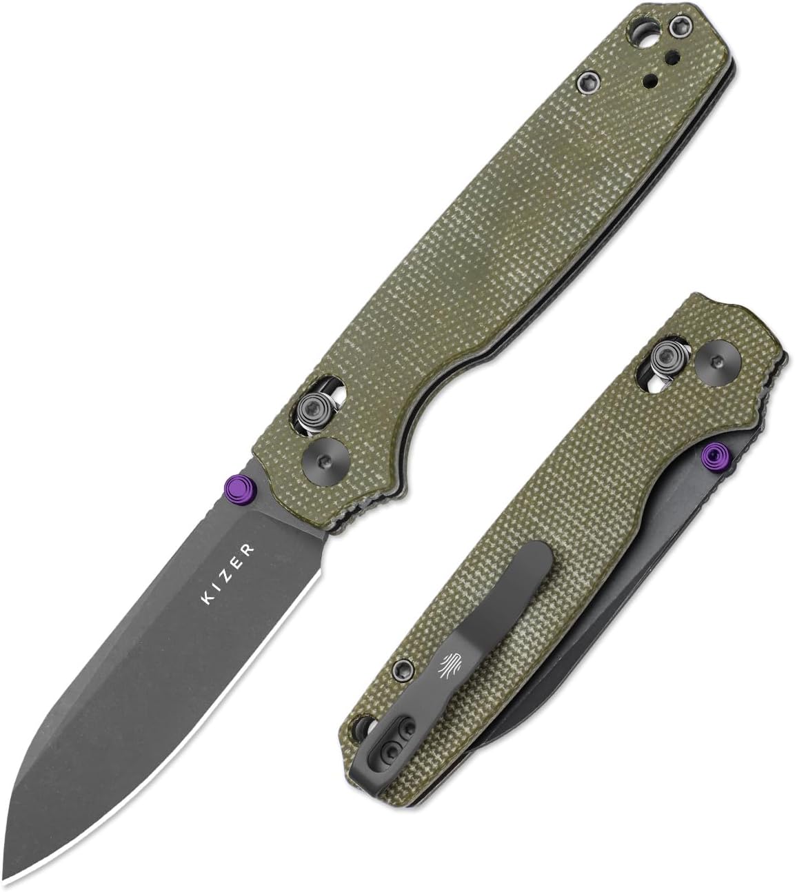 Kizer Pokiman CS Pocket Knife, 3.16" Sheepsfoot D2 Blade Folding Knives with Olive Green Micarta Handle, Thumb Stud EDC Knife for Men Women V3789M3