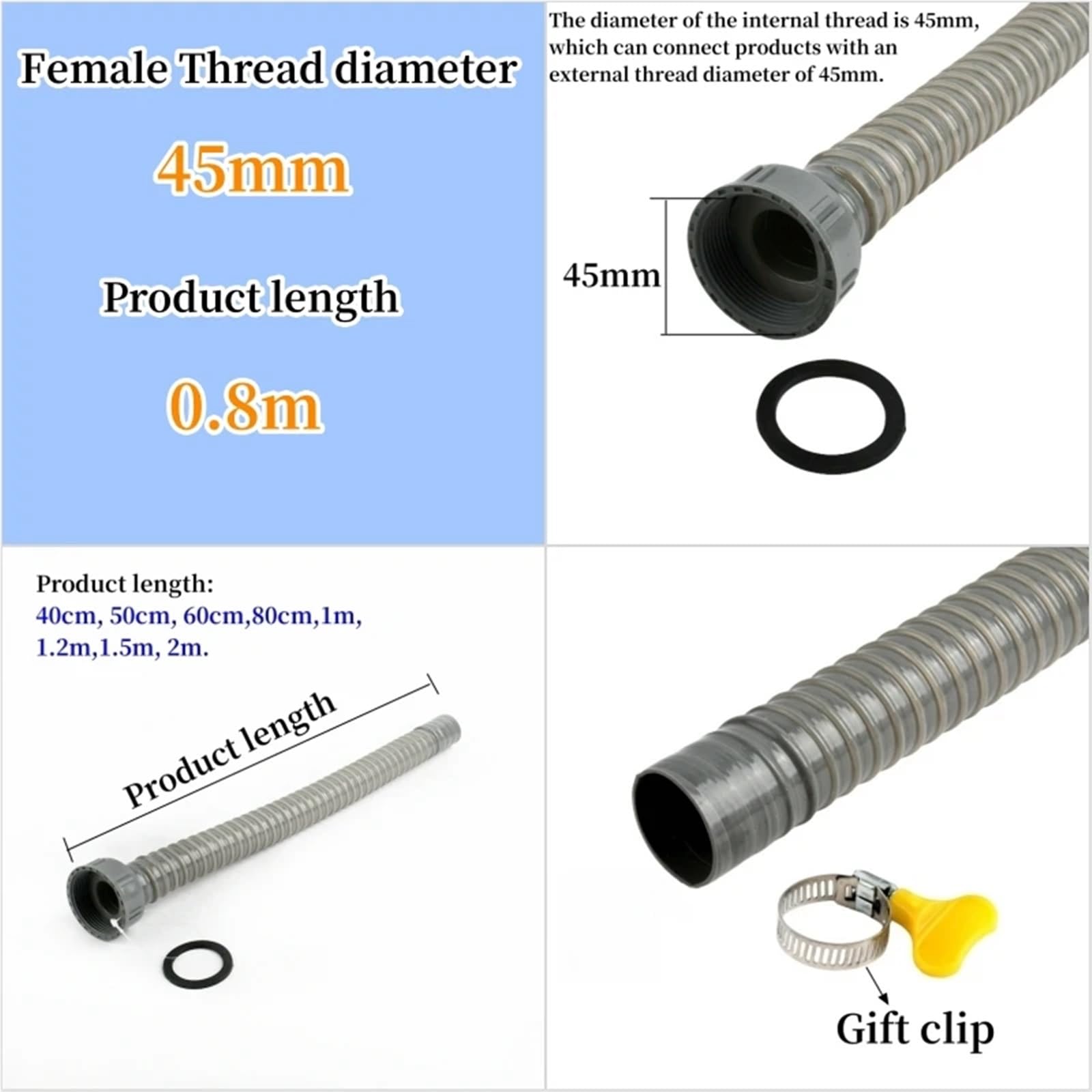 2 Stück 45 mm bis 0,4 ~ m Ablaufschlauch for Küchenspüle, Geschirrspüler, Badezimmerzubehör, universeller Typ, verlängertes Abflussrohr for den Haushalt(45mm-0.8m)