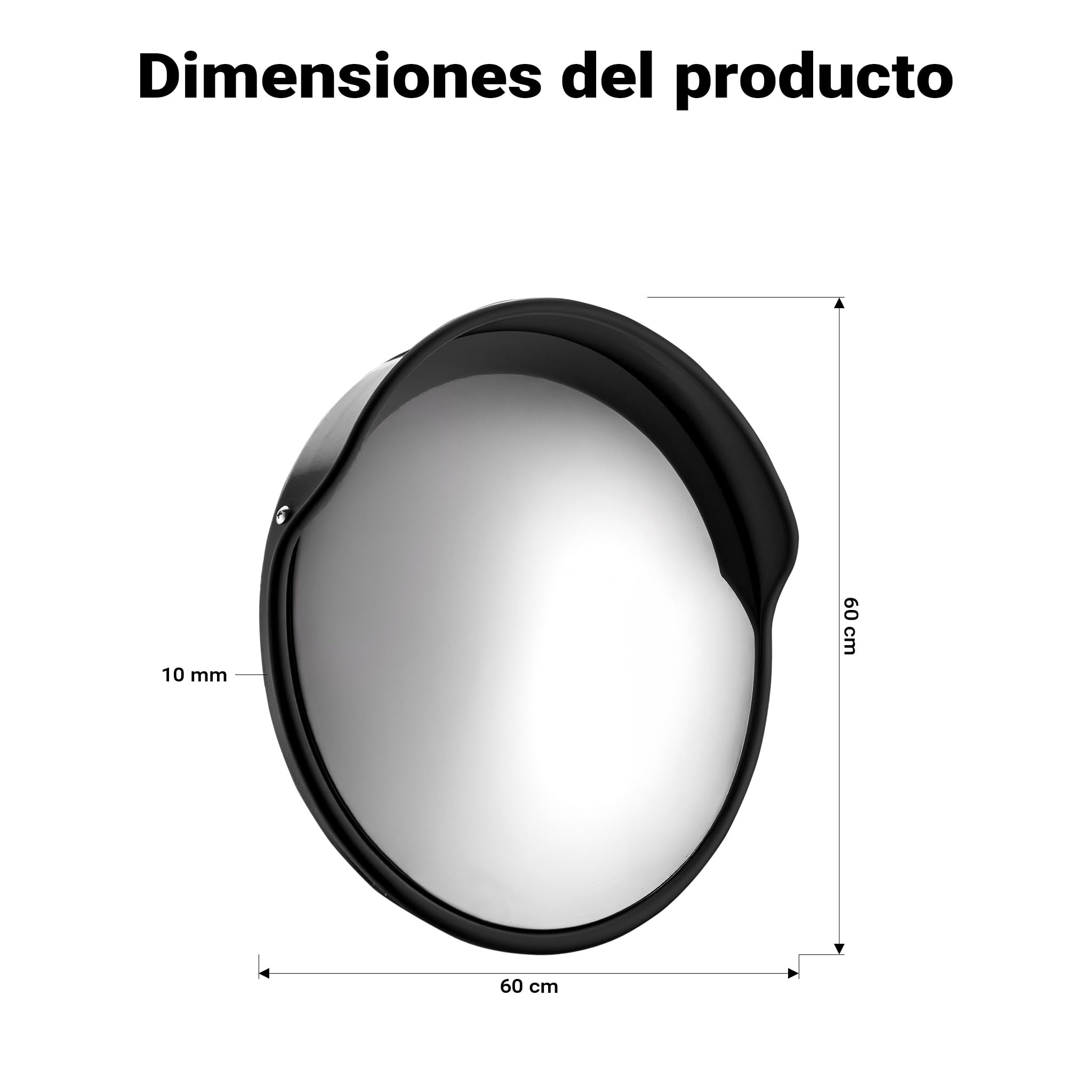 Wiltec Espejo de tráfico convexo 60 cm con cubierta protectora, color negro, espejo de seguridad redondo con campo de visión de 130°, diseño convexo para salidas, material de montaje incluido