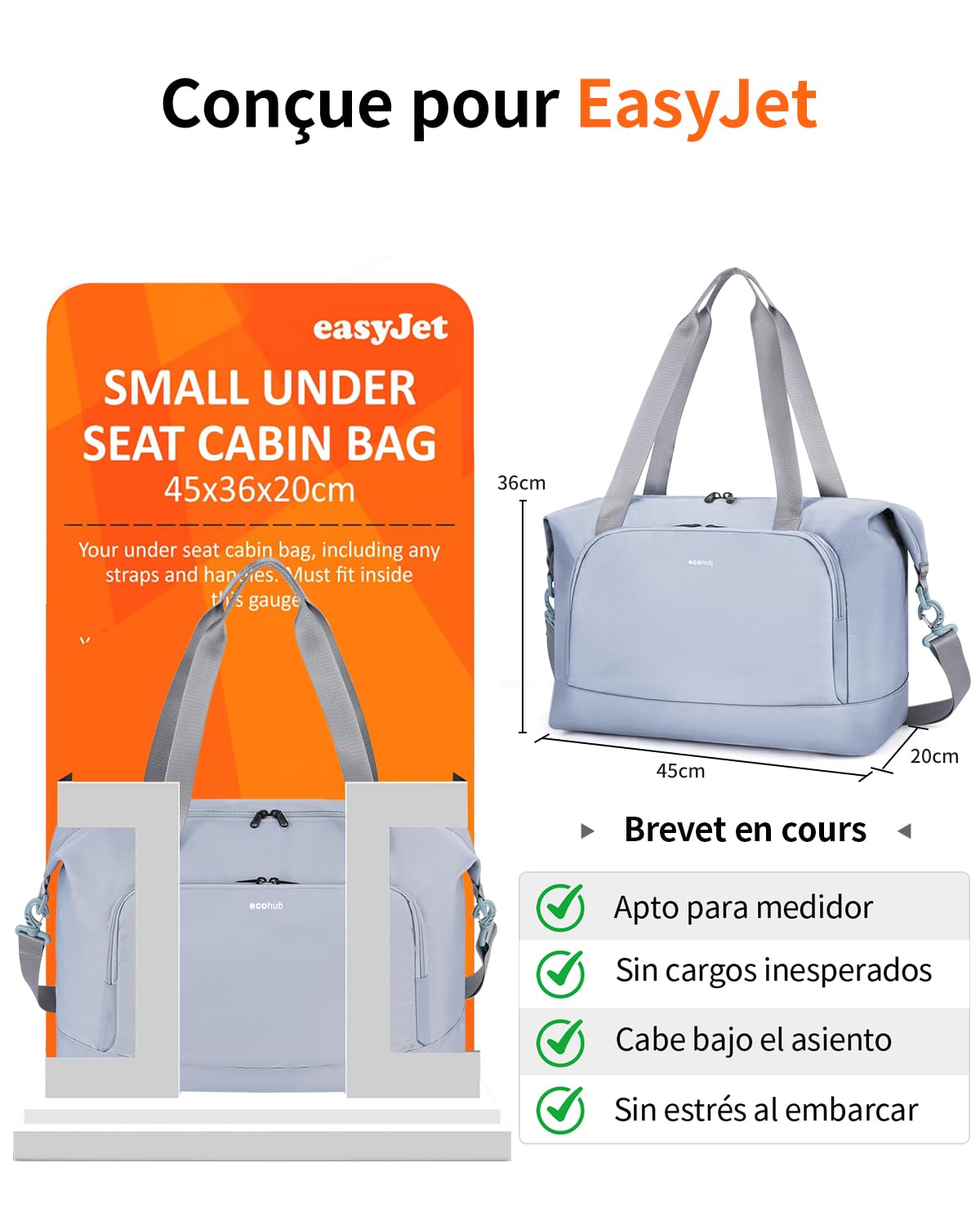 ECOHUB Sac de Voyage Femme, Bagages Cabine 45x36x20 Easyjet, Sac Voyage Cabine avec Amovible Poche Humide, Sac Avion Weekend, Bagage à Main Valise Léger Imperméable, d'Hôpital, Week-End, Gris-bleu,30L