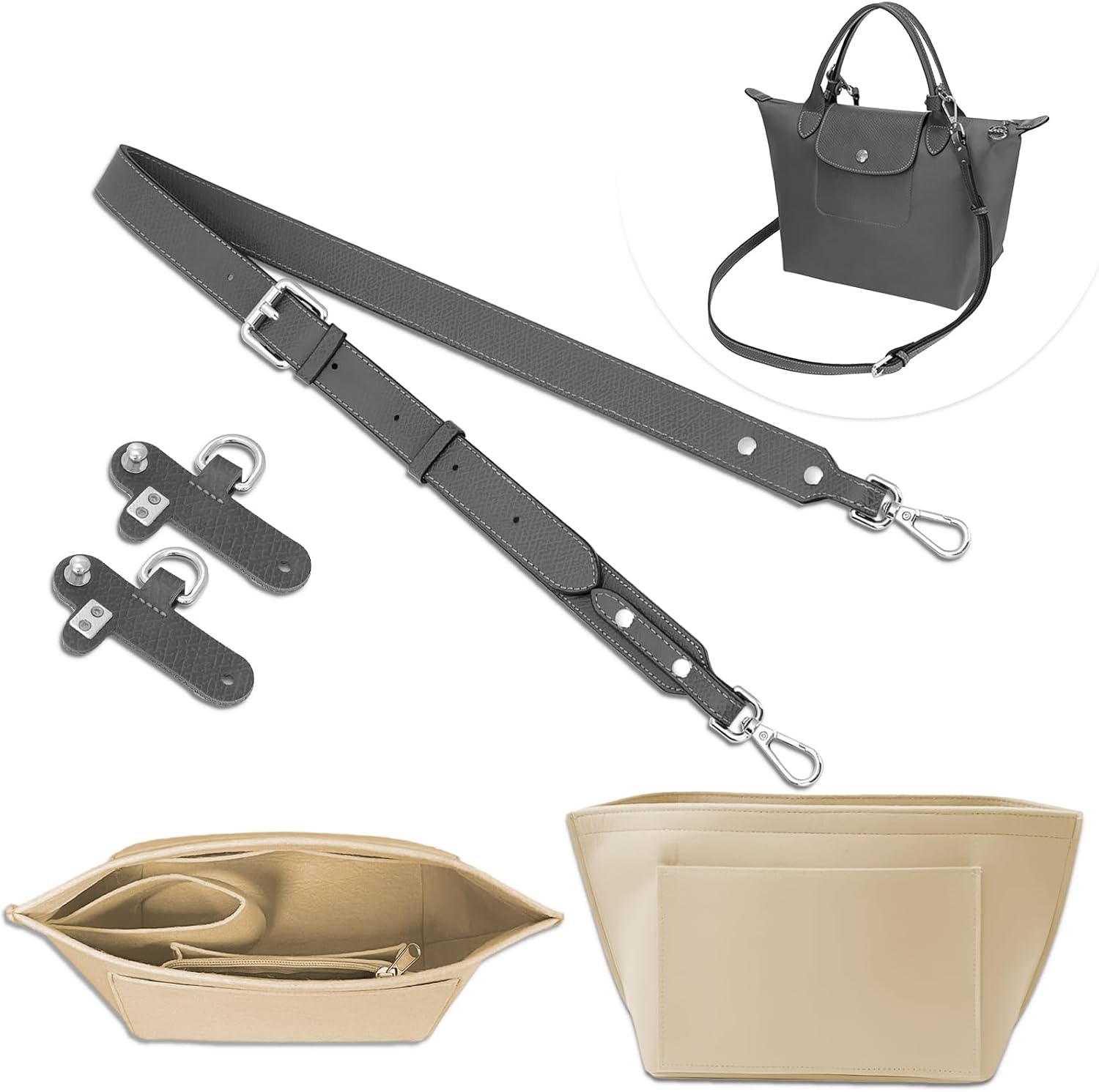 4 pcs PU Leather Bag Strap Conversion Kit and Felt Bag Organizer, CNYMANY Small Bag Shoulder Strap Replacement Set and Felt Purse Insert Organizer Compatible with Small Handbag - Brown Gold
