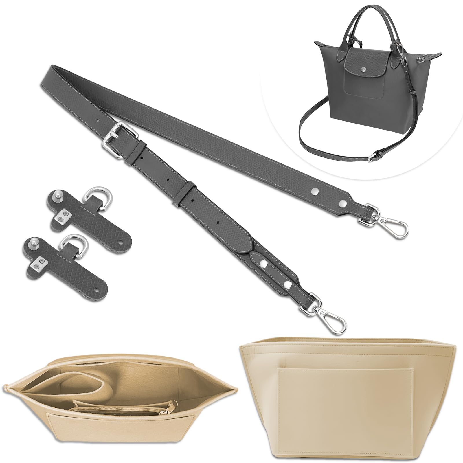 4 pcs PU Leather Bag Strap Conversion Kit and Felt Bag Organizer, CNYMANY Mini Tote Bag Shoulder Strap Replacement and Felt Purse Insert Organizer Compatible with Longchamp Handbag - Grey Silver