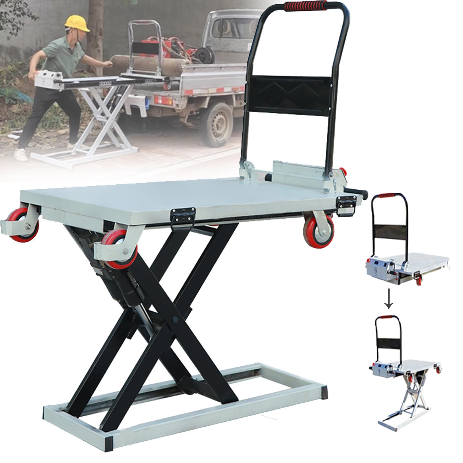 Hydrauliczna platforma podnosząca o udźwigu 300 kg i wysokości 98 cm, elektryczny stół podnośnikowy nożycowy na kółkach, do przenoszenia materiałów