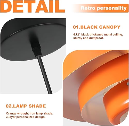 Miniatura 4 de Lámpara de araña moderna de mediados de siglo de 17.7 pulgadas, lámpara colgante naranja vintage de granja, 1 lámpara con pantalla de metal grande