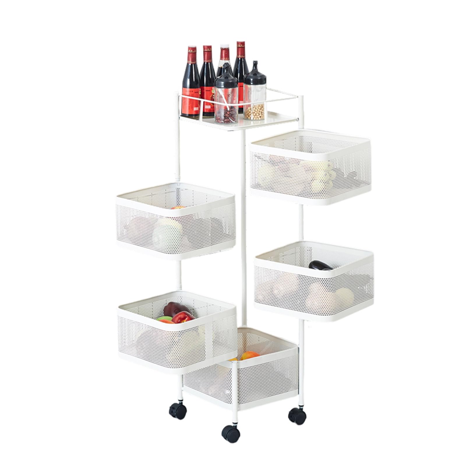 Carrito de Almacenamiento de 5 Niveles para Cocina, Estante de Verduras Giratorio de 360°, Carrito de Cocina con Ruedas, Estante de Almacenamiento de Acero al Carbono, Cesta de Frutas
