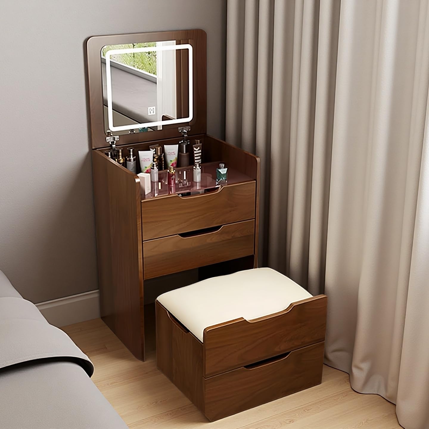 montary 3 in 1 vanity desk with plip top mirror, 18.9" d small makeup vanity set with visible glass desktop, compact dressing table with 3 drawers, hidden stool for bedroom space-saving, walnut