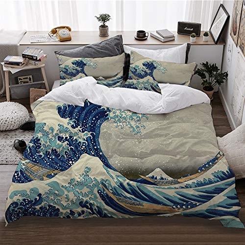 HATESAH Funda De Edredón,La Gran Ola de Pintura Japonesa de Hokusai bajo una Ola de Kanagawa,3 Pcs Ropa de Cama Funda Nórdica Sábana Bajera (220 * 240CM)