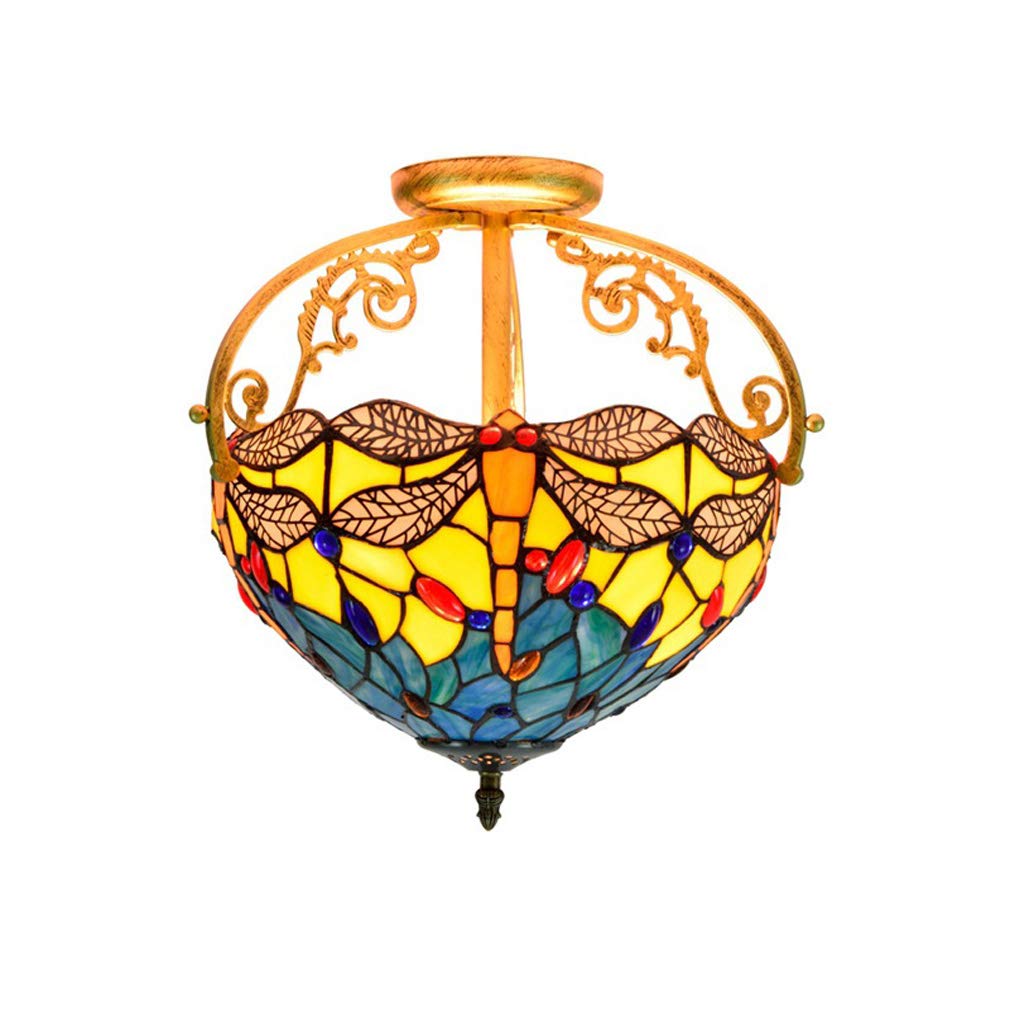 YNIYUJKL 12 Inch Semi-Hanging Ceiling Lamp Tiffany-Style Stained Glass Ceiling Lamp Retro Dragonfly Decorative Light Restaurant Bedroom Ceiling Chandeliers