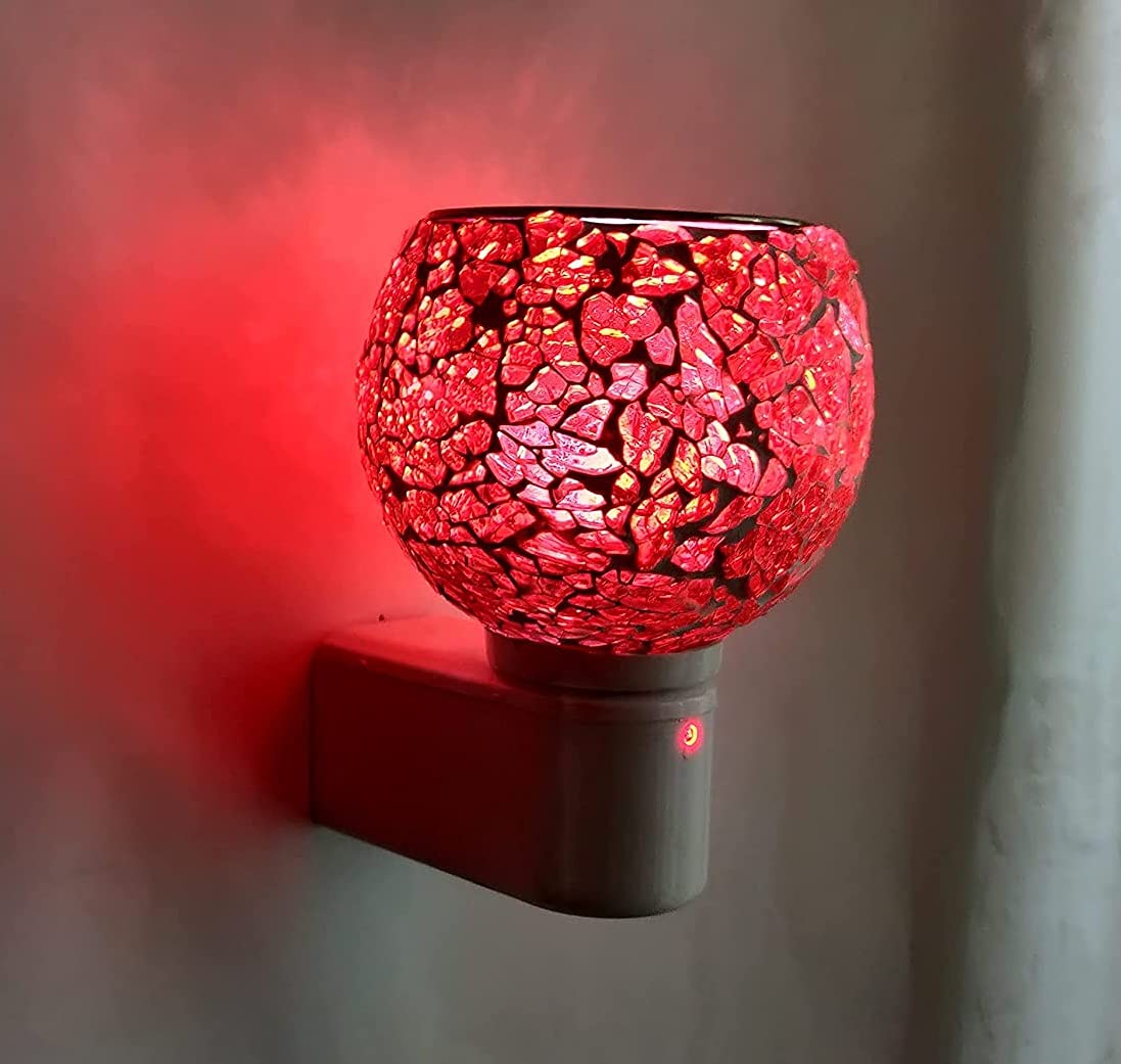 SHREE HANS CREATION | Kapur Dani Electrical Camphor Diffuser. Glass Kapoor Dhani & Essential Oil Diffuser with On Off Switch to Toggle Between Burner & Lamp (Red Glass)