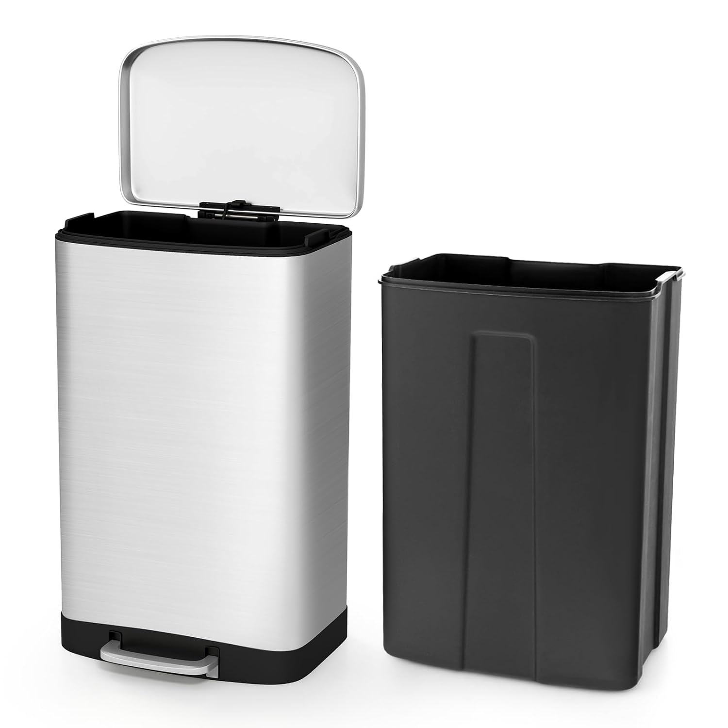 S AFSTAR 13.2 Gal Kitchen Trash Can, Stainless Steel Trash Bin with Lock Device & Soft Closing Lid, Step-on Garbage Bin for Bathroom & Office