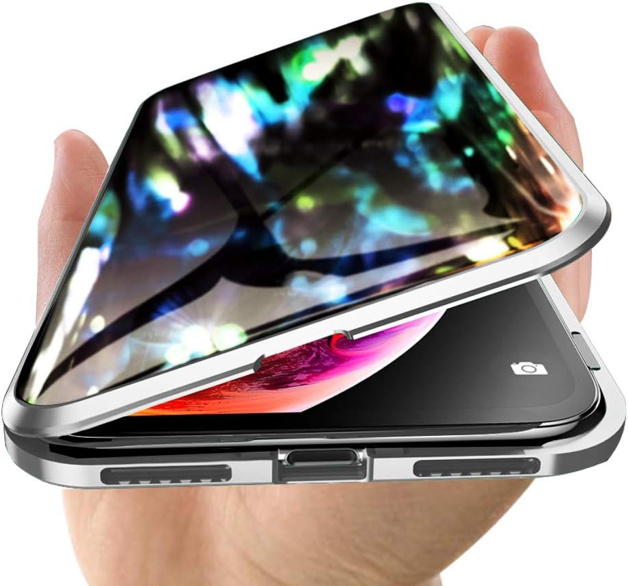 NOHON Privacy Magnetic Case for iPhone X/XS, Clear Double Sided Tempered Glass [Magnet Absorption Metal Bumper Frame] Thin Anti-Spy 360 Full Body Protective Phone Case for iPhone X/XS 5.8" Silver