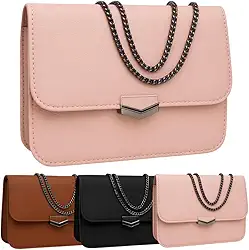 Bolsa Carteira Feminina com Alça Corrente, Fecho Imã, 1 Divisória, Disponível em Marrom, Preto e Rosa