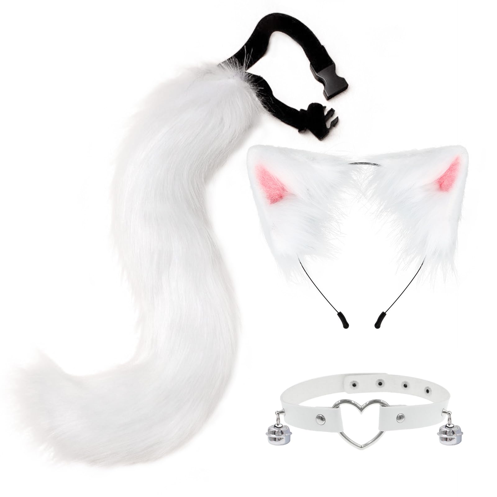 ERHAIYUN Cat Ears and Wolf Fox Tail Set for Women Kids, Halloween Cosplay Costume Set Handmade Faux Fur Party Accessories