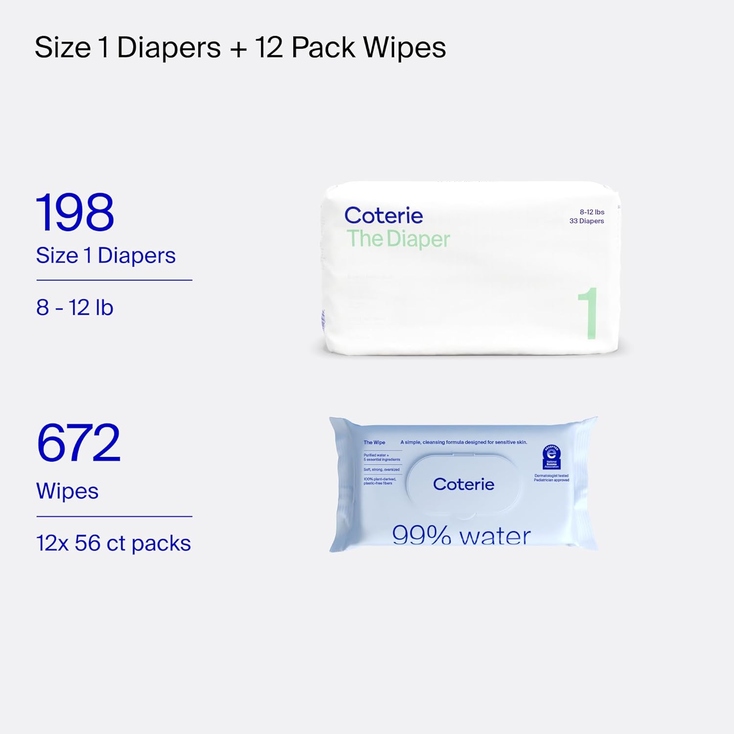 coterie baby wipes + diapers kit, size 1 diapers (198 count) & 12 pack (672 count) baby wipes with 99% water, plant based materials, hypoallergenic for sensitive skin size 1 (198 count) + wipes (12 packs)