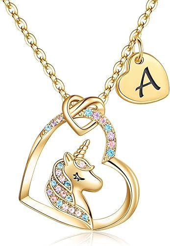 STORUP Collar de regalo para mujer, collar de unicornio con inicial de corazón para mujer, joyería con inicial, regalos de unicornio, juguetes de