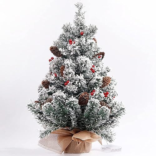 Mini árbol de Navidad artificial blanco nevado de 22 pulgadas, pequeño árbol de Navidad flocado de nieve con luces, bayas rojas, conos de pino y