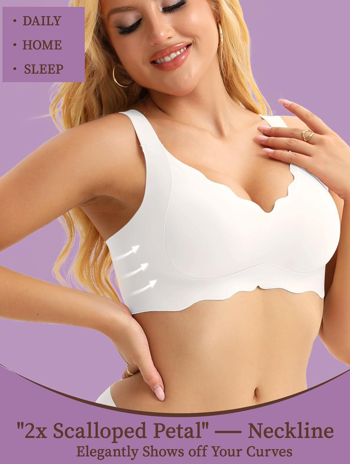 Scalloped Lift Bras for Women No Underwire Buttery Soft Push Up Wireless Bras V Neck Seamless Bralettes - Image 3