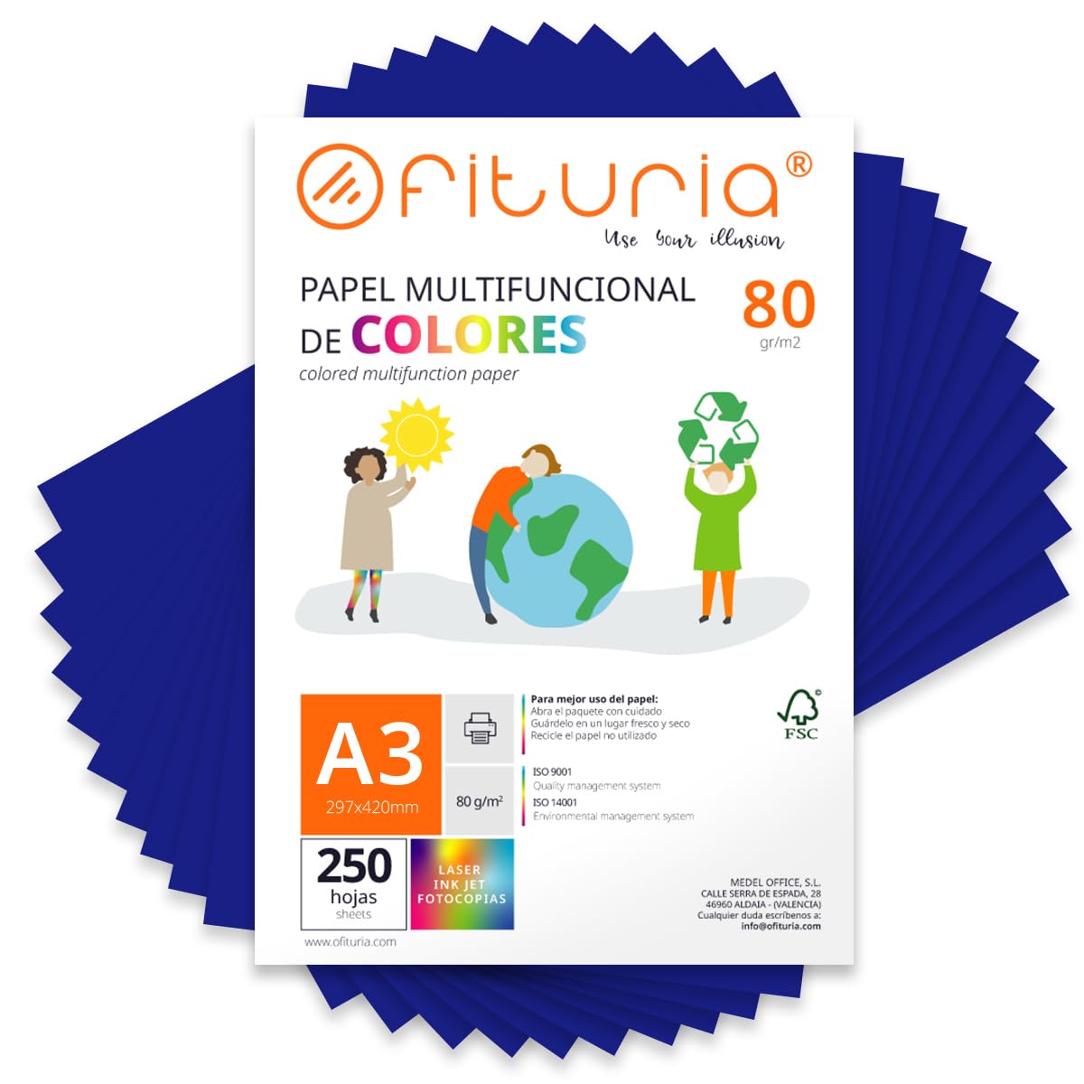 Coloured Sheets, Pack 250 Sheets A3 80 g – Coloured Paper for Crafts, Printer, Scrapbooking – Folios Colours – Ideal Origami, Papiroflexia, Office and School (Dark Blue, 250h)