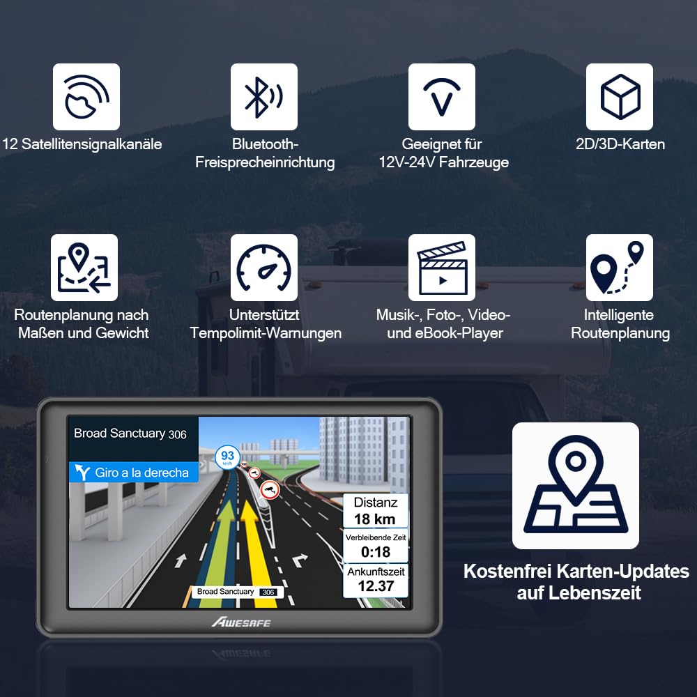 AWESAFE 7 Zoll Bluetooth Navigationsgerät für Auto und LKW – Europa 2024 Karten mit Lebenslangen Updates
