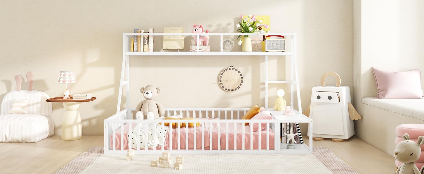 Full Size Metal Floor Bed with Safety Fence, Desk and Storage, Sturdy Design for Kids, White